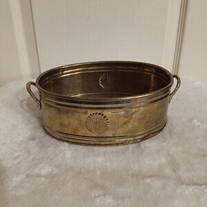 Vintage MCM Brass Oval Planter w Handles and Scallop Shell 8x5.5 Patina Nautical